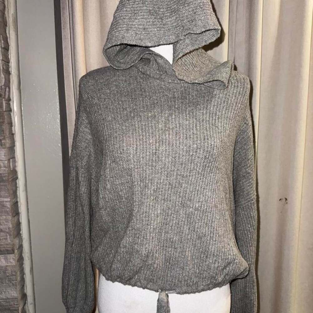 American Eagle Hooded Sweater Size M Gray Knit Drawstring Pullover